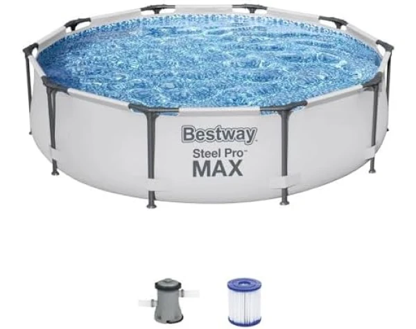 Bestway Steel Pro MAX 10 Foot x 30 Inch Round Metal Frame Above Ground Outdoor Backyard Swimming Pool Set with 330 GPH Filter Pump  Patio, Lawn & Garden