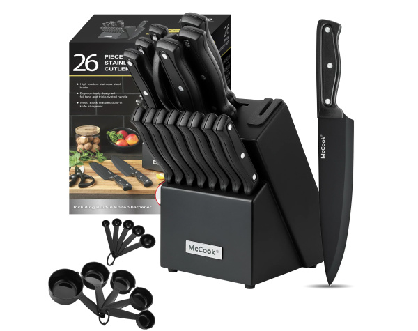 McCook DISHWASHER SAFE MC701 black Knife Sets of 26 Stainless Steel Kitchen Knives Block Set with Built in Knife Sharpener Mea