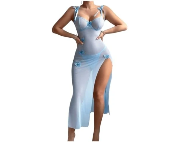 SHENHE Women's Mesh Sheer Butterfly Appliques Underwired Thigh Slit Dress and Thong Lingerie Set Blue Small Clothing, Shoes & Jewelry