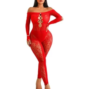 Avidlove Woman Fishnets Lingeries Rhinestone Long Sleeve Bodysuit Sexy Outfit Mesh Lingerie Fishnet Body Stocking Lingerie Red Clothing, Shoes & Jewelry 17 4148K3z AlL. AC