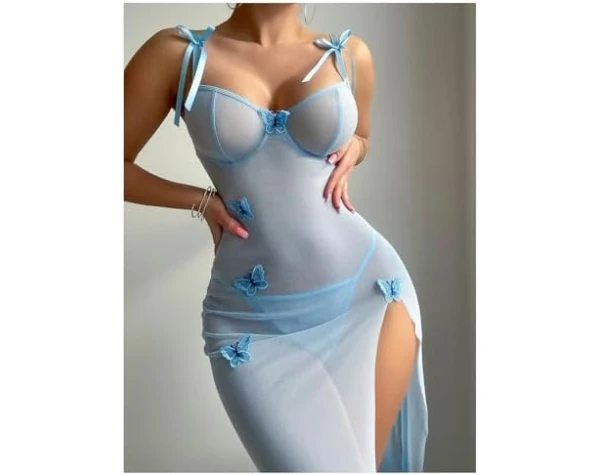 SHENHE Women's Mesh Sheer Butterfly Appliques Underwired Thigh Slit Dress and Thong Lingerie Set Blue Small Clothing, Shoes & Jewelry - Image 3