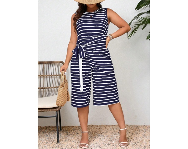 Essnce Plus Size Crew Neck Striped Print Knot Detail Sleeveless Jumpsuit Clothes - Image 5