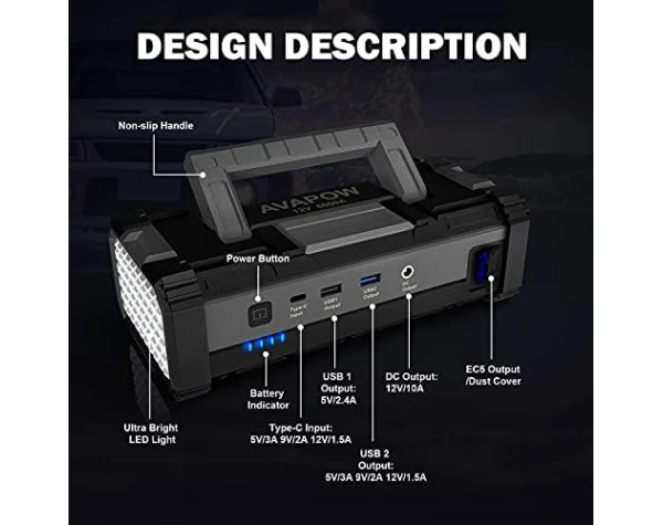 AVAPOW 6000A Car Battery Jump Starter for All Gas or up to 12L Diesel Powerful Car Jump Starter with Dual USB Quick Charge and DC Output,12V Jump Pack with Built-in LED Bright Light  Automotive - Image 2