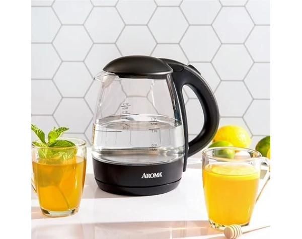AROMA® 1.2L / 5-Cup Glass Electric Kettle with Cordless Pouring, Trigger-Release Lid, Automatic Shut-off, Black AWK-151B Home & Kitchen - Image 6