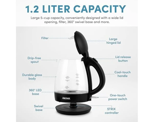 AROMA® 1.2L / 5-Cup Glass Electric Kettle with Cordless Pouring, Trigger-Release Lid, Automatic Shut-off, Black AWK-151B Home & Kitchen - Image 4
