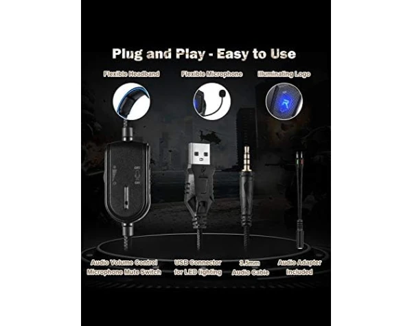 GIZORI Surround Sound Gaming Headset with Microphone, Gaming Headphones for PS4 PS5 Xbox One PC with LED Lights, PlayStation Headset with Noise Reduction 7.1 Over-Ear and Wired 3.5mm Jack (Blue)  Video Games - Image 7