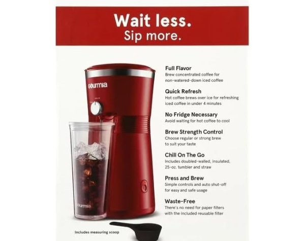 Gourmia Iced Coffee Maker with 25 fl oz. Reusable Tumbler (Red)  Home & Kitchen - Image 4