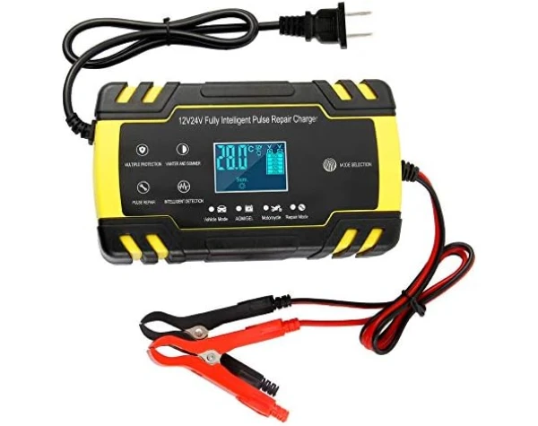 ODOMY 12V/24V Smart Battery Charger | Pulse Repair Charger with LCD Display | Intelligent Mode Overvoltage Protection Temperature Monitoring for Car, Truck, Motorcycle, Boat, SUV, ATV  Automotive