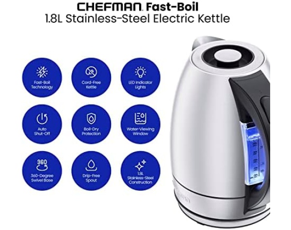 Chefman Electric Kettle, 1.8 Liter Stainless Steel Electric Tea Kettle Water Boiler with Automatic Shutoff, LED Lights, Boil-Dry Protection, Hot Water Electric Kettles for Boiling Water, Stainless Home & Kitchen - Image 2