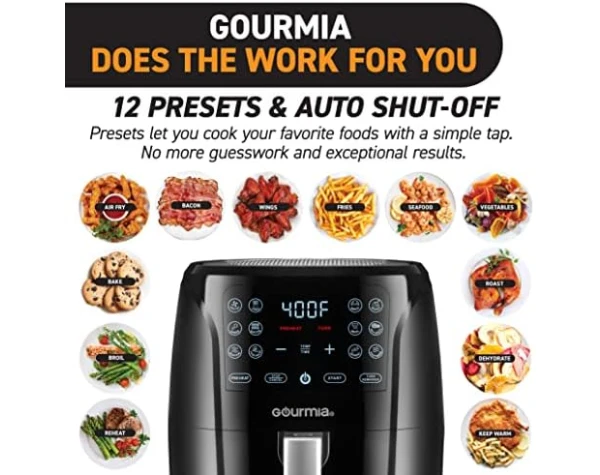 Gourmia Air Fryer Oven Digital Display 5 Quart Large AirFryer Cooker 12 1-Touch Cooking Presets, XL Air Fryer Basket 1500w Power Multifunction Black and Stainless Steel Accents FRY FORCE GAF686  Home & Kitchen - Image 3
