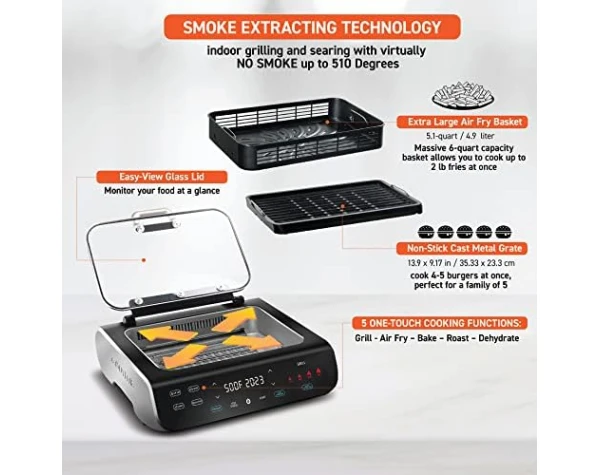 Gourmia Smokeless Indoor Grill & Air Fryer raclette grill with Smoke Extracting Technology Extra-Large Nonstick Cooking electric grill indoor Korean BBQ Style 6 Quart FoodStation™ Home & Kitchen - Image 7