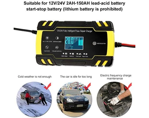 ODOMY 12V/24V Smart Battery Charger | Pulse Repair Charger with LCD Display | Intelligent Mode Overvoltage Protection Temperature Monitoring for Car, Truck, Motorcycle, Boat, SUV, ATV  Automotive - Image 6