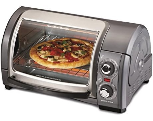 Hamilton Beach Easy Reach 4-Slice Countertop Toaster Oven With Roll-Top Door, 1200 Watts, Fits 9” Pizza, 3 Cooking Functions for Bake, Broil and Toast, Silver (31344DA) Home & Kitchen