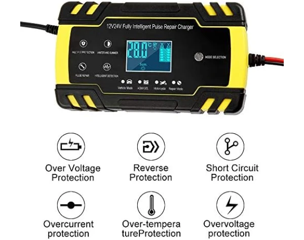 ODOMY 12V/24V Smart Battery Charger | Pulse Repair Charger with LCD Display | Intelligent Mode Overvoltage Protection Temperature Monitoring for Car, Truck, Motorcycle, Boat, SUV, ATV  Automotive - Image 2