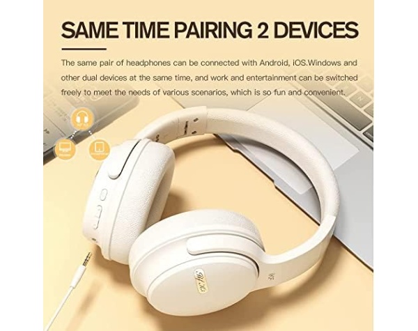 iKF K3-Wireless Bluetooth Headphones Call Noise Canceling Wired Headset Bass Stereo Sound 50 Hours Dual Device Connection for Smartphone Tablet Computer Games, Music（Vintage-White）  Electronics - Image 11