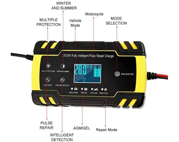 ODOMY 12V/24V Smart Battery Charger | Pulse Repair Charger with LCD Display | Intelligent Mode Overvoltage Protection Temperature Monitoring for Car, Truck, Motorcycle, Boat, SUV, ATV  Automotive - Image 4