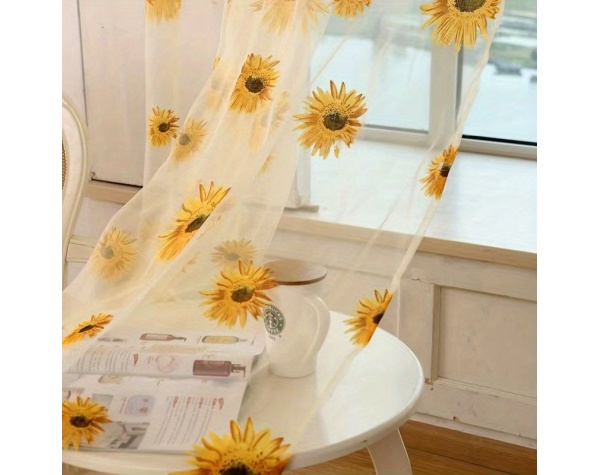 1pc Sunflowers Print Semi-sheer Curtain With Rod Pocket Top, Light Filtering Voile Drape For Living Room Bedroom Kitchen Cafe Curtains - Image 5