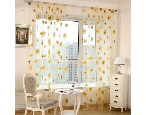 1pc Sunflowers Print Semi-sheer Curtain With Rod Pocket Top, Light Filtering Voile Drape For Living Room Bedroom Kitchen Cafe Curtains - Image 4