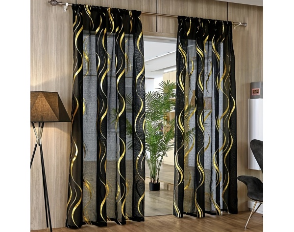 Silvery Gauze Curtain Rod Pocket Sheer Curtain 2pcs Black White