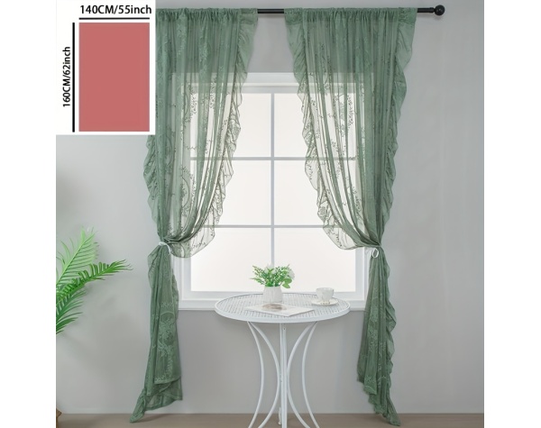 Flower Edge Curtain Rod Pocket Curtain 2PCs - Color: Green