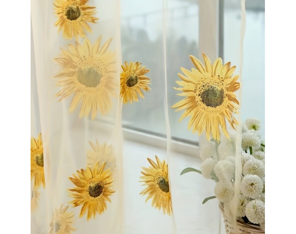 1pc Sunflowers Print Semi-sheer Curtain With Rod Pocket Top, Light Filtering Voile Drape For Living Room Bedroom Kitchen Cafe Curtains