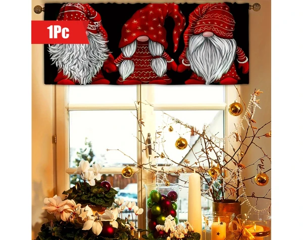 1pc Santa Clause Gnome Short Kitchen Curtains Valances Drapery Long Bearded Red Hat Gnome Christmas Curtains Size: W53 * H18in For Kitchen Living Room Bedroom Bathroom Home Decor