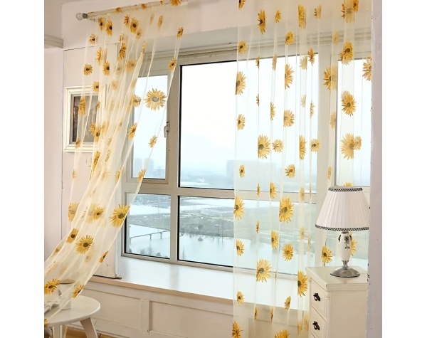 1pc Sunflowers Print Semi-sheer Curtain With Rod Pocket Top, Light Filtering Voile Drape For Living Room Bedroom Kitchen Cafe Curtains - Image 3