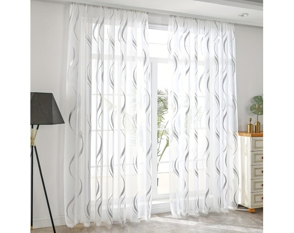 Silvery Gauze Curtain Rod Pocket Sheer Curtain 2pcs Black White - Image 8